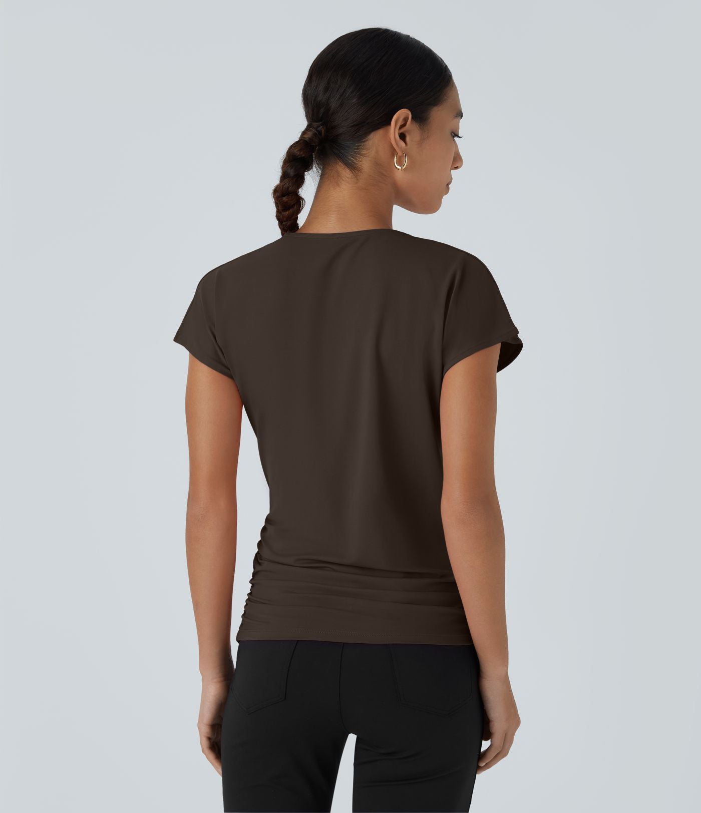 Blouse Travail Unie Froncée Croisée Manches Courtes Col en V