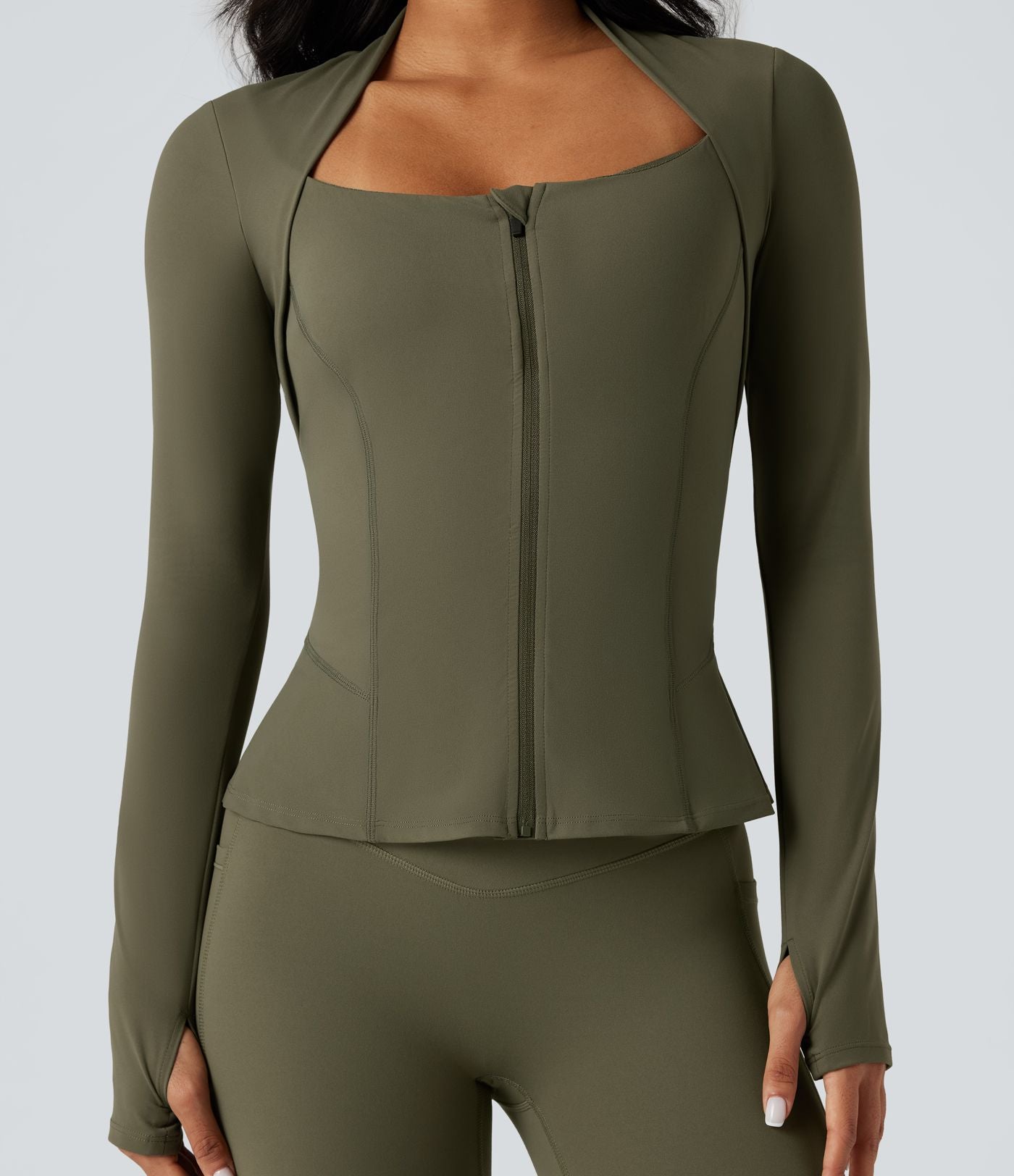 Veste yoga push-up zippée à manches longues avec passants pouces et ourlet à volants Halara UltraSculpt™