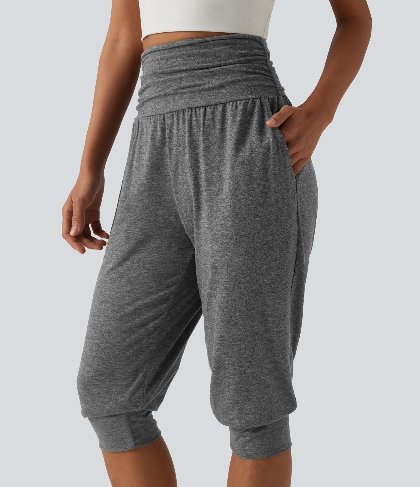 Jogging yoga corsaire chiné taille haute à fronces avec poches