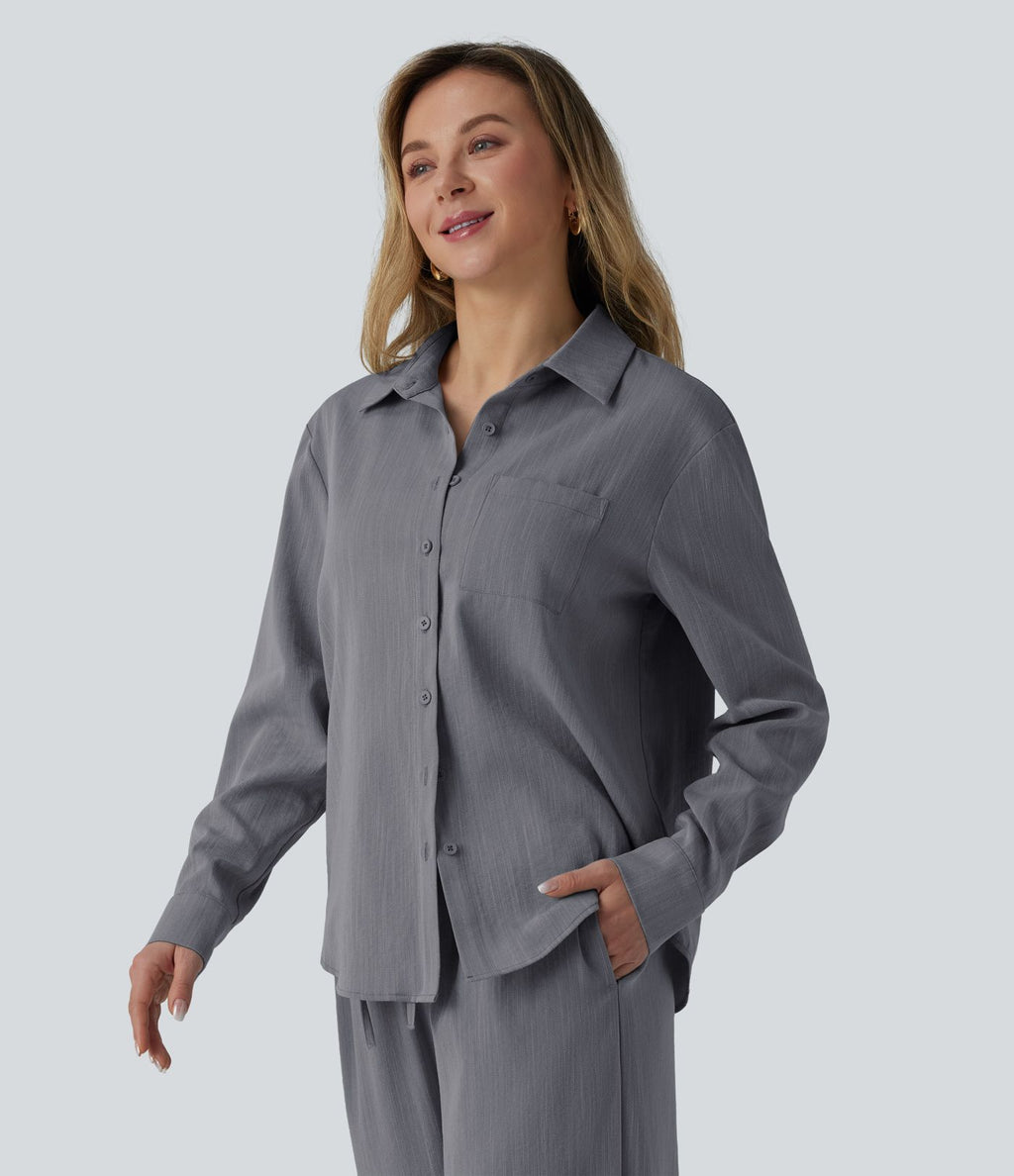 Chemise manches longues aspect lin avec poche