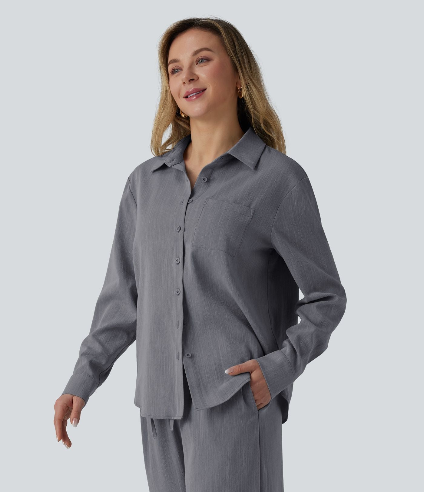 Chemise manches longues aspect lin avec poche