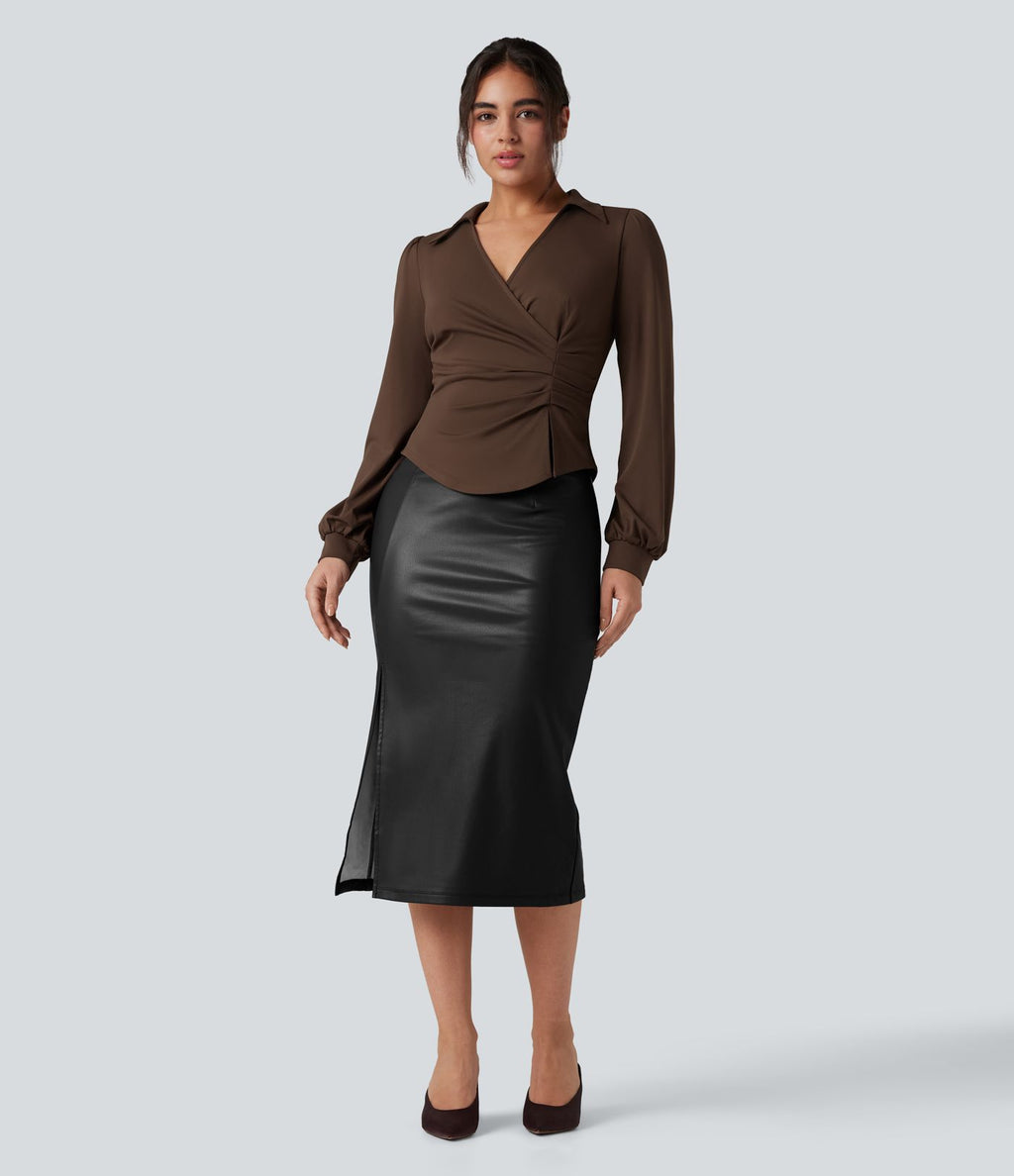 Chemise tailleur froncée asymétrique col V manches longues