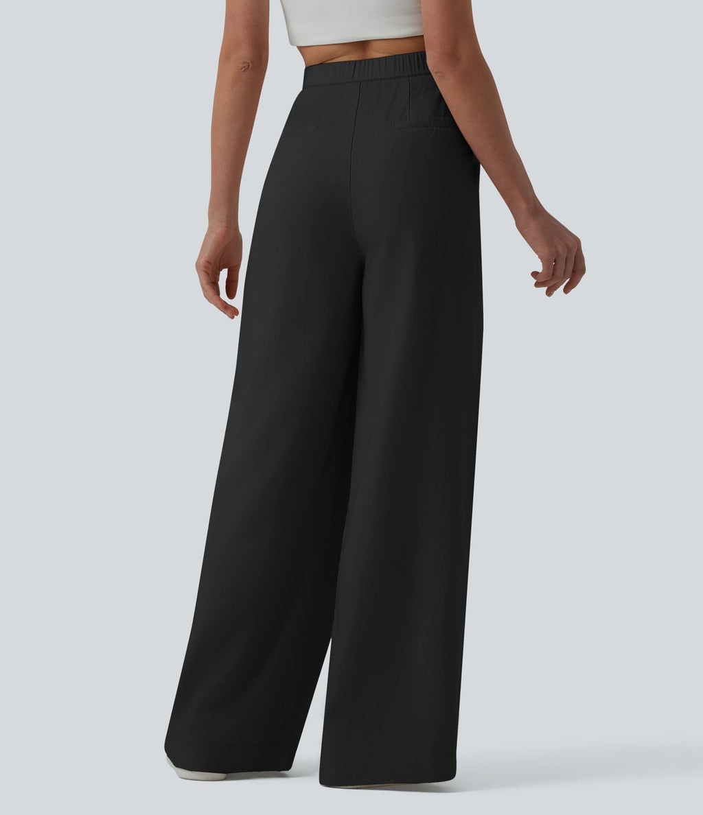 Pantalon large fluide casual taille haute plissé drapé en lin avec poches