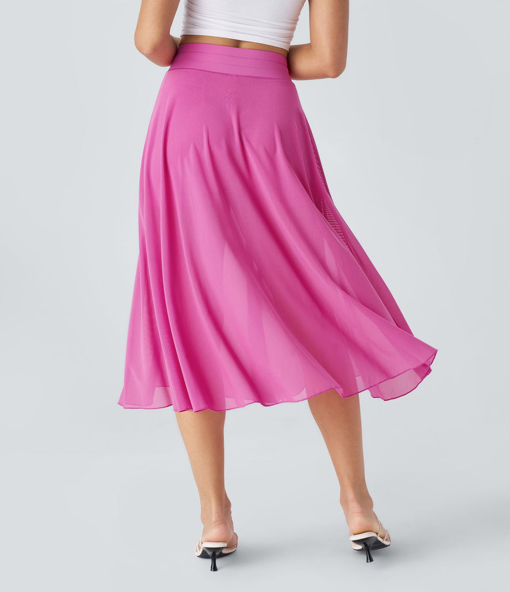 Jupe Casual Évasée Mesh Mi-Longue Fuide 2 en 1 Contrastée Taille Haute Cordon Poche Latérale