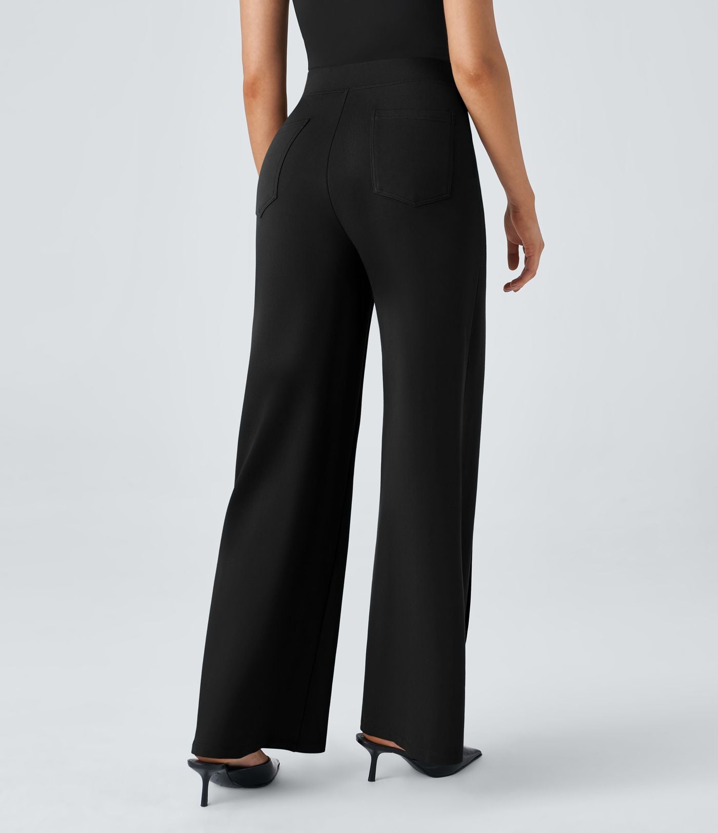 Pantalon Tailleur Large Taille Haute avec Bouton et Poches
