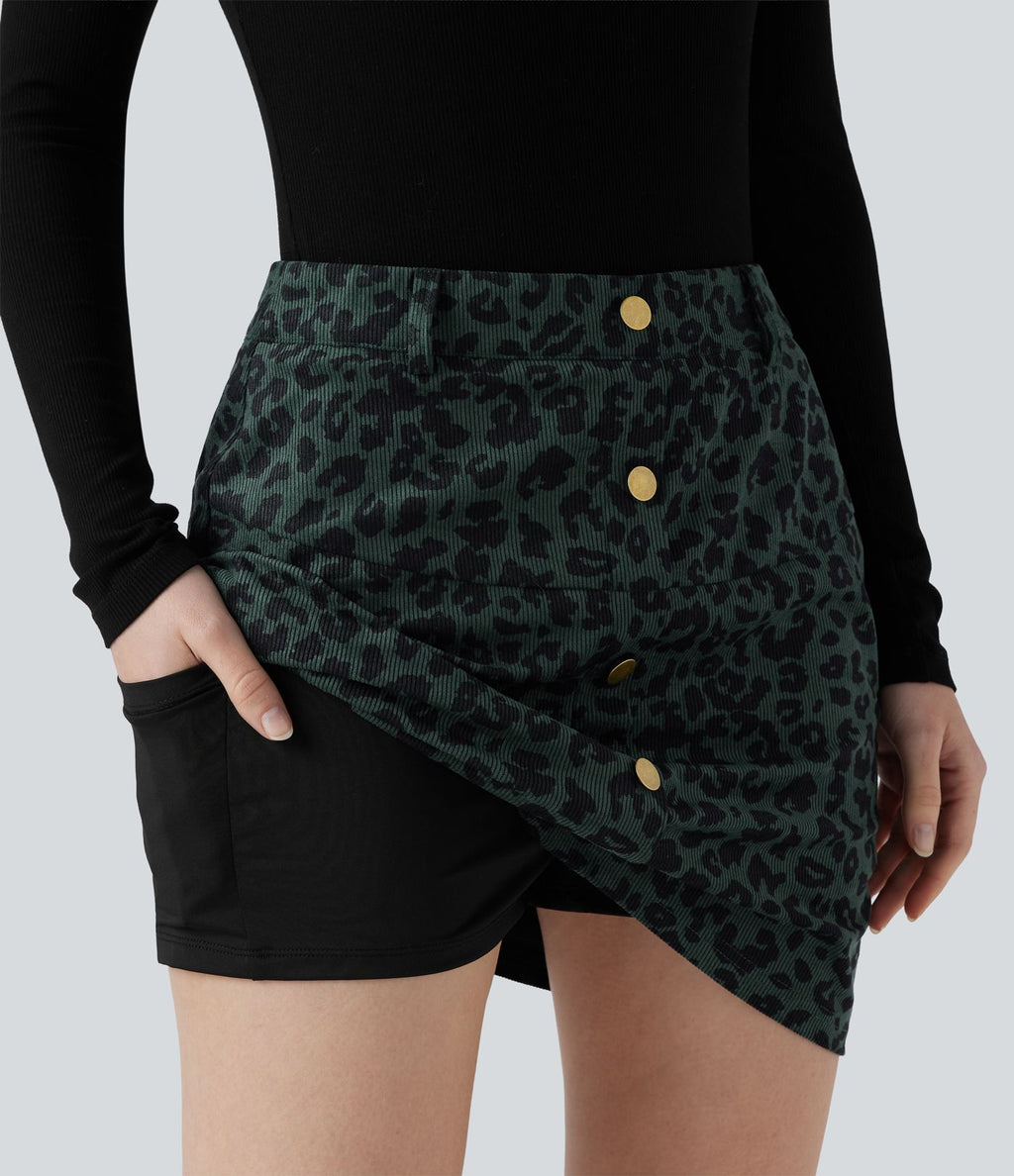 Jupe mini décontractée 2-en-1 taille haute imprimé léopard avec poche