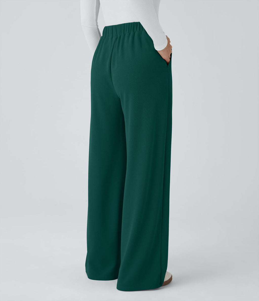 Pantalon taille haute décontracté large en maille gaufrée, avec poches