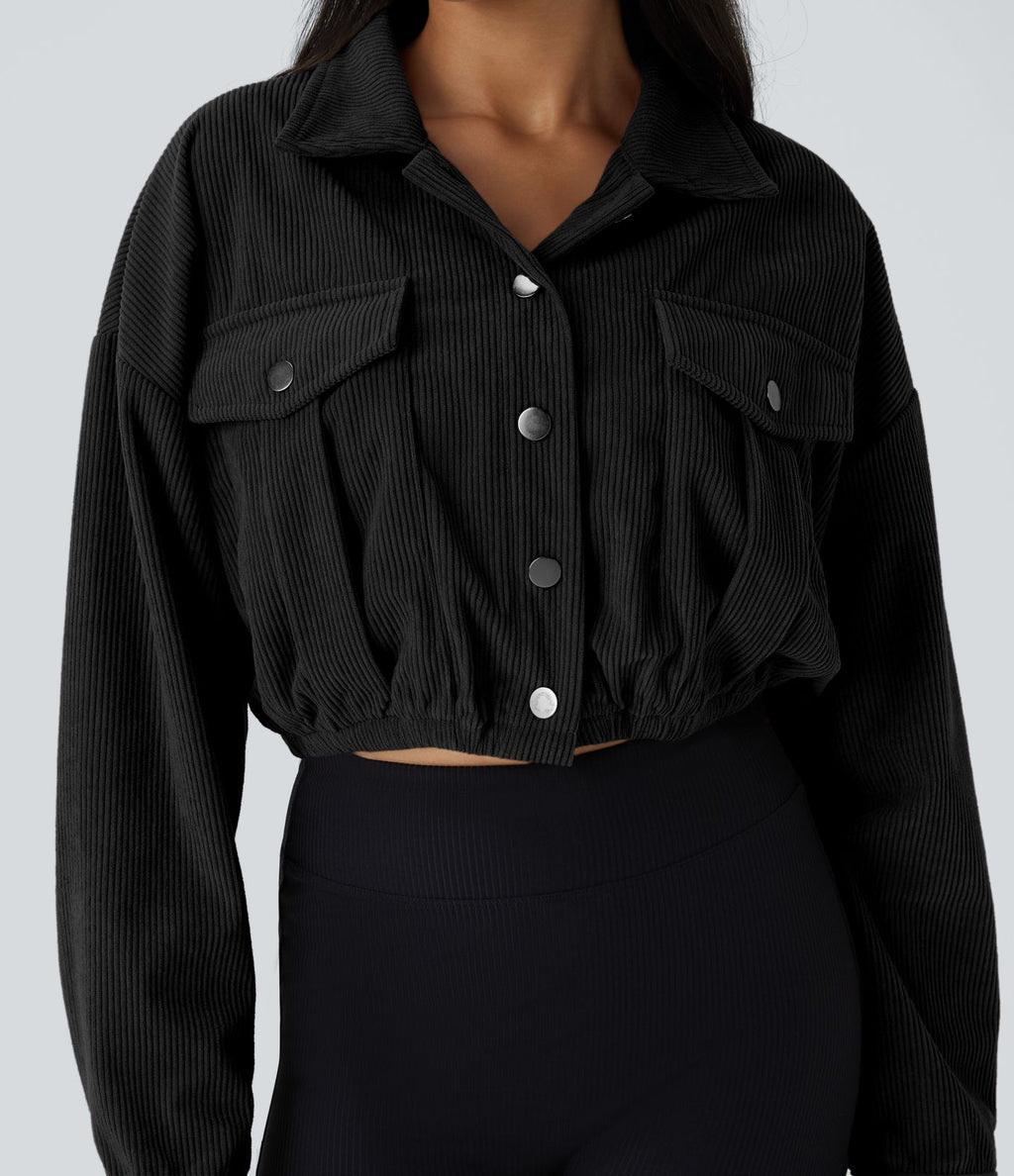 Veste Casual en Velours Côtelé à Boutons Poches Col Court