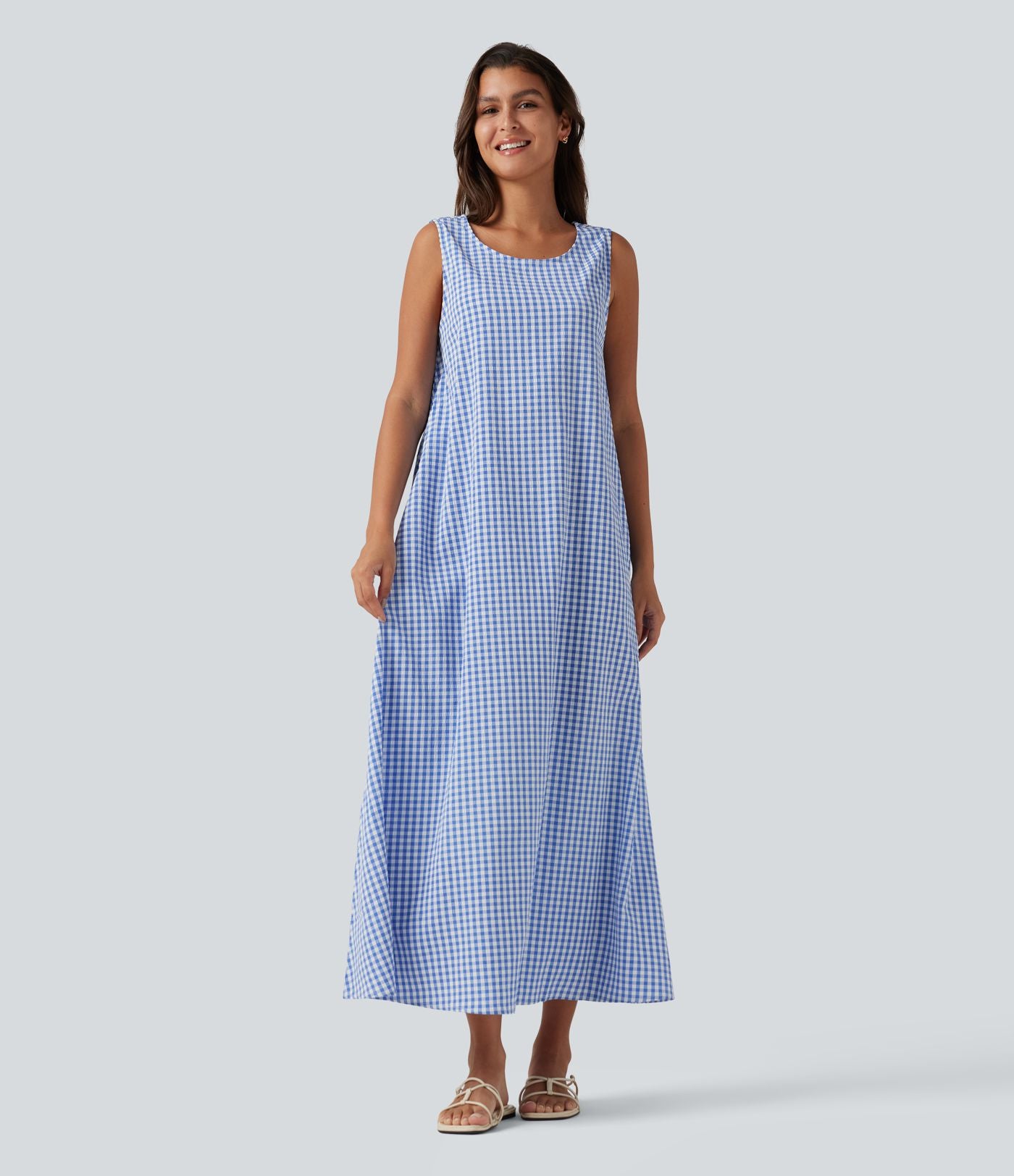 Robe débardeur midi décontractée col rond sans manches en vichy froissé avec poches