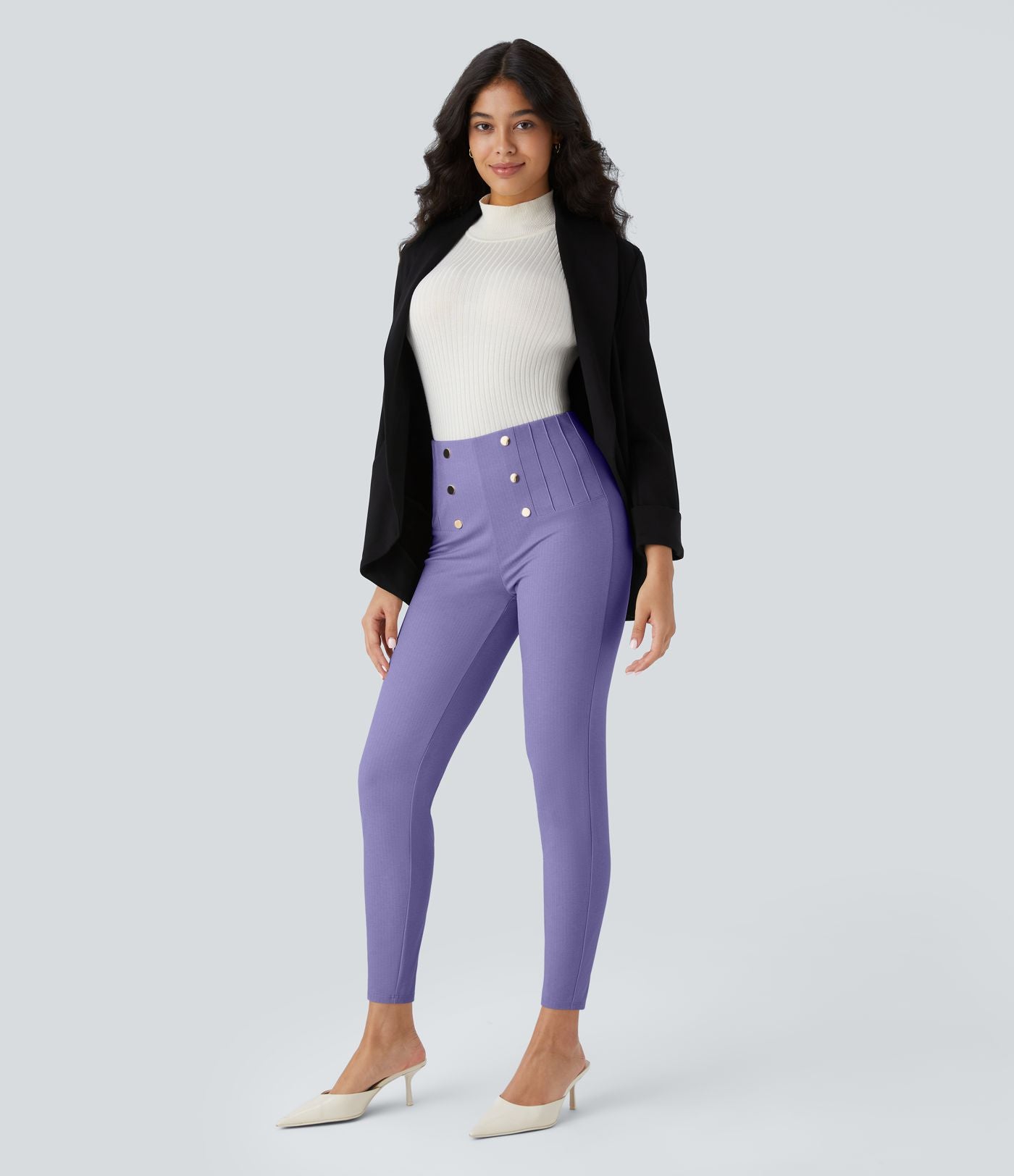 Pantalon tailleur skinny gainant taille haute à chevrons avec poches arrière zippées décoratives
