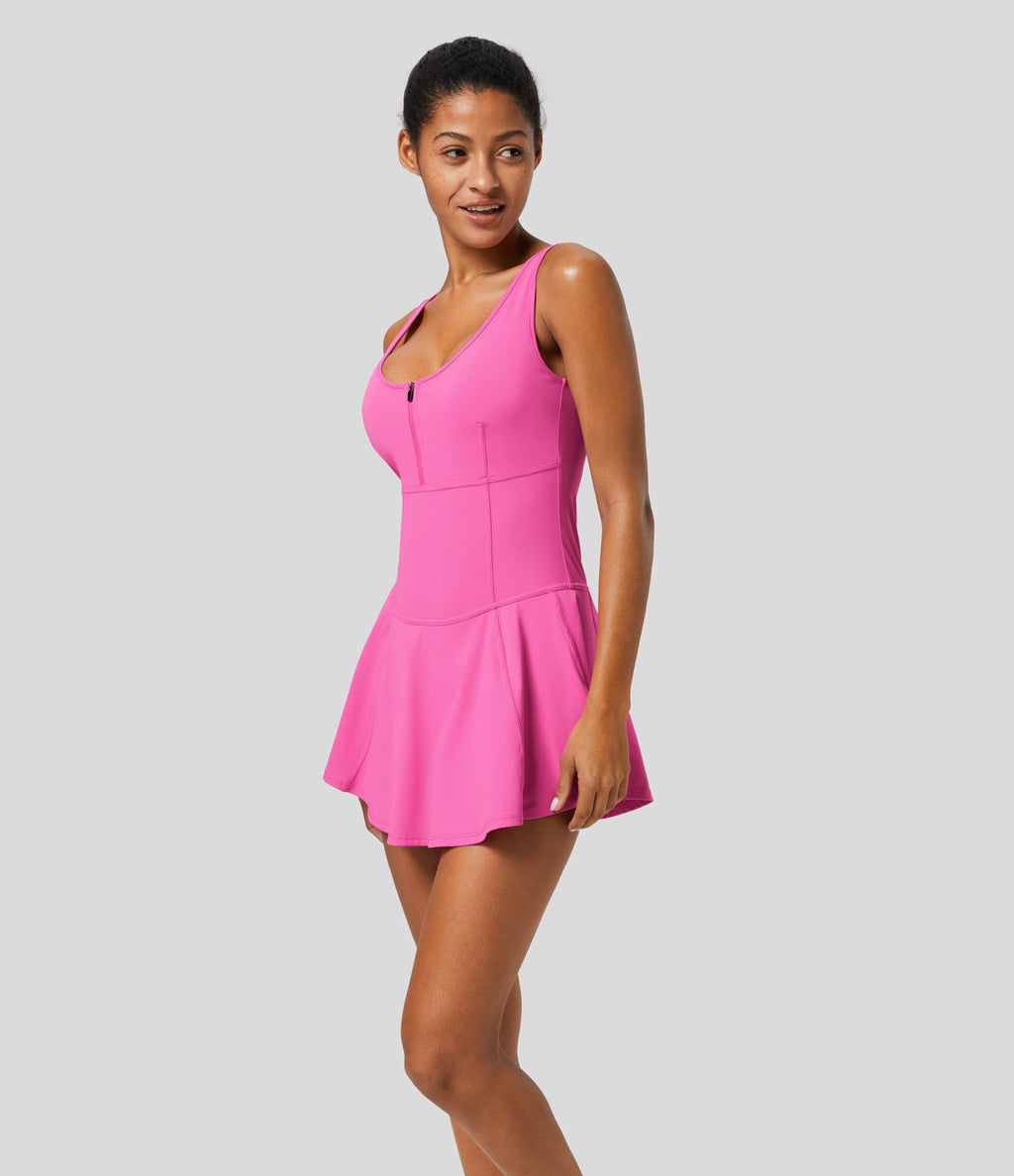 Softlyzero™ QuickDry Robe Sport Tennis Mini à Séchage Rapide Col U Demi Zep Dos Nu 2 en 1 avec Poches Latérales