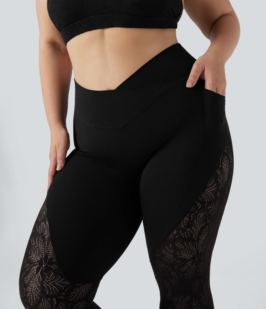 Leggings yoga 7/8 grande taille SoftlyZero™ taille haute croisé dentelle contrastante avec poches - UPF50+