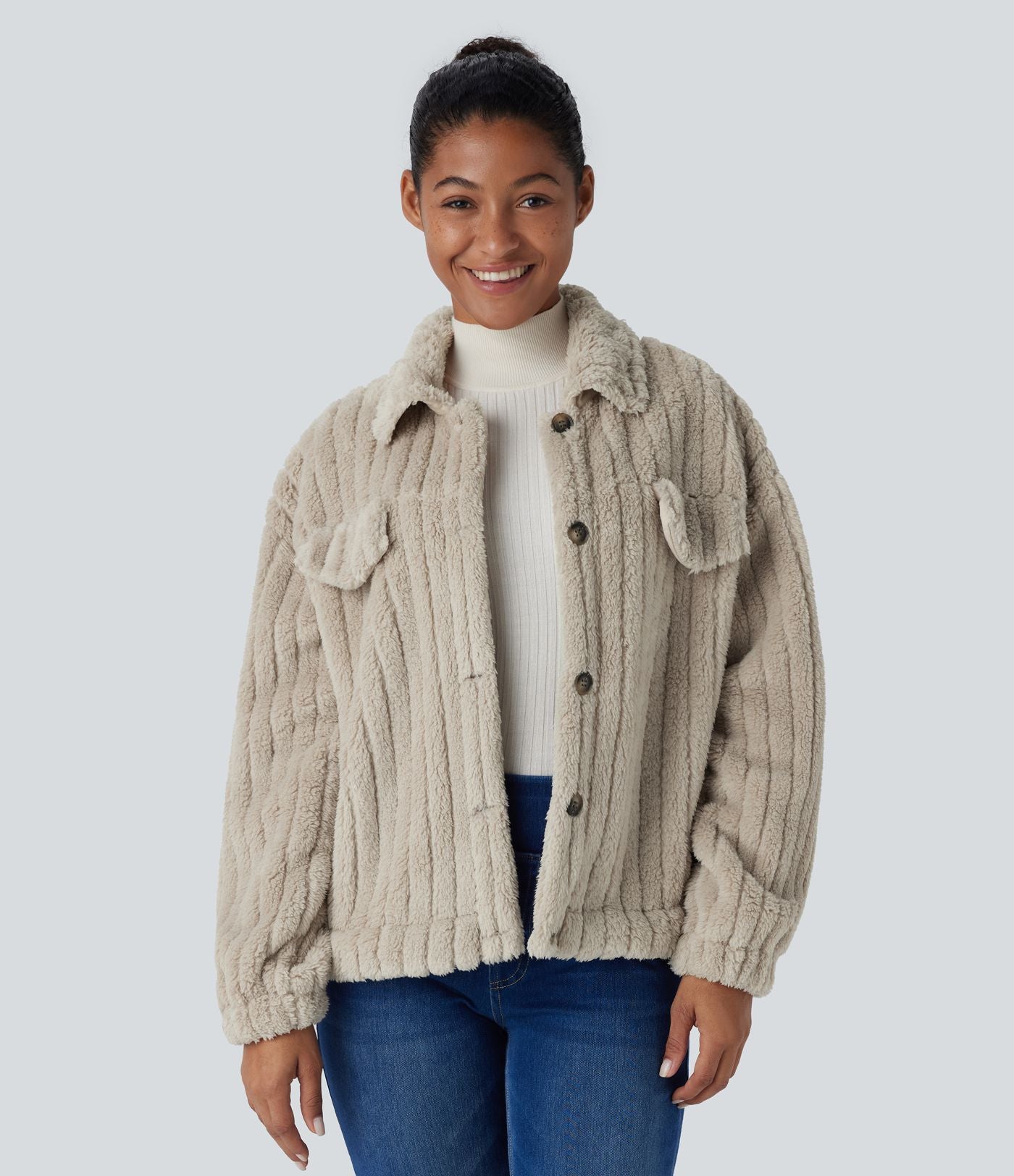 Veste décontractée en sherpa à col, boutons et manches longues