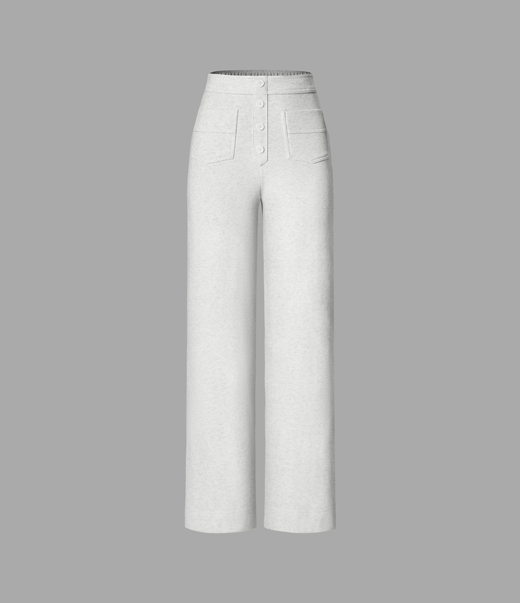 Pantalon Jogging en Fleece Thermique Jambe Droite Boutons Taille Haute Plusieurs Poches