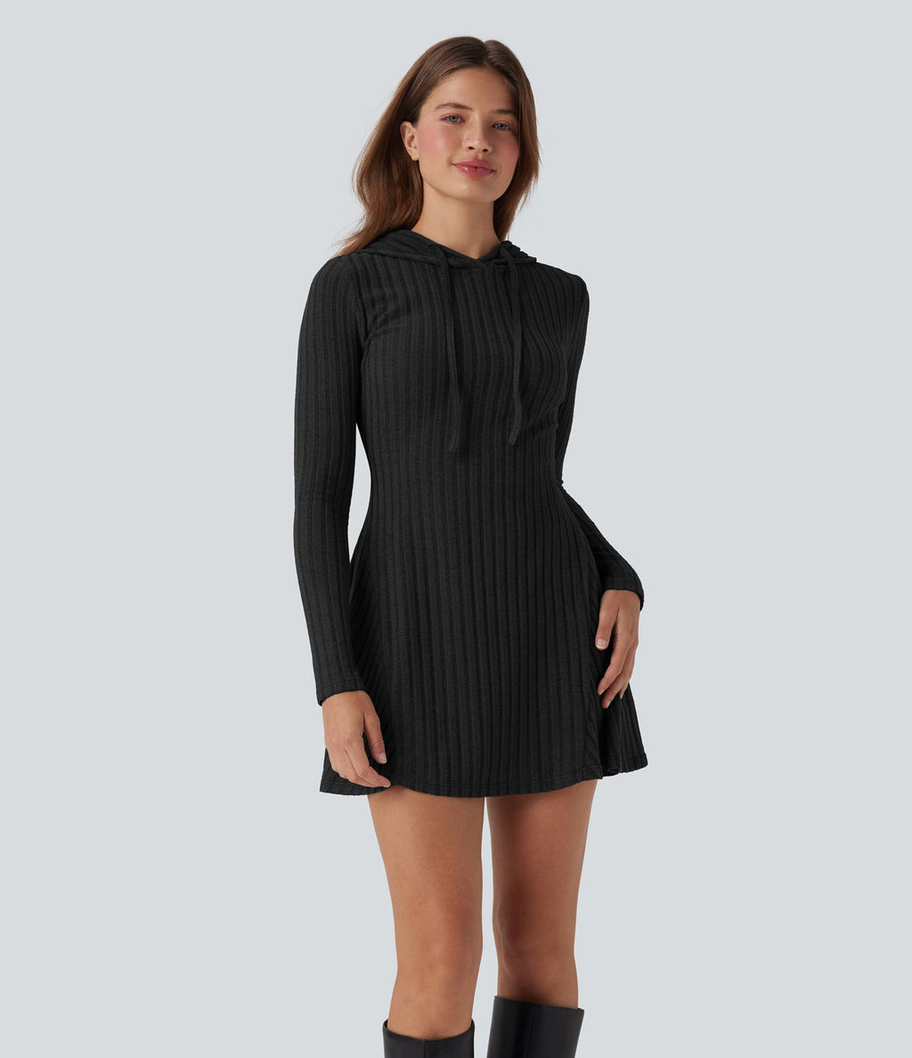 Robe décontractée mini à capuche maille côtelée manches longues avec cordon de serrage