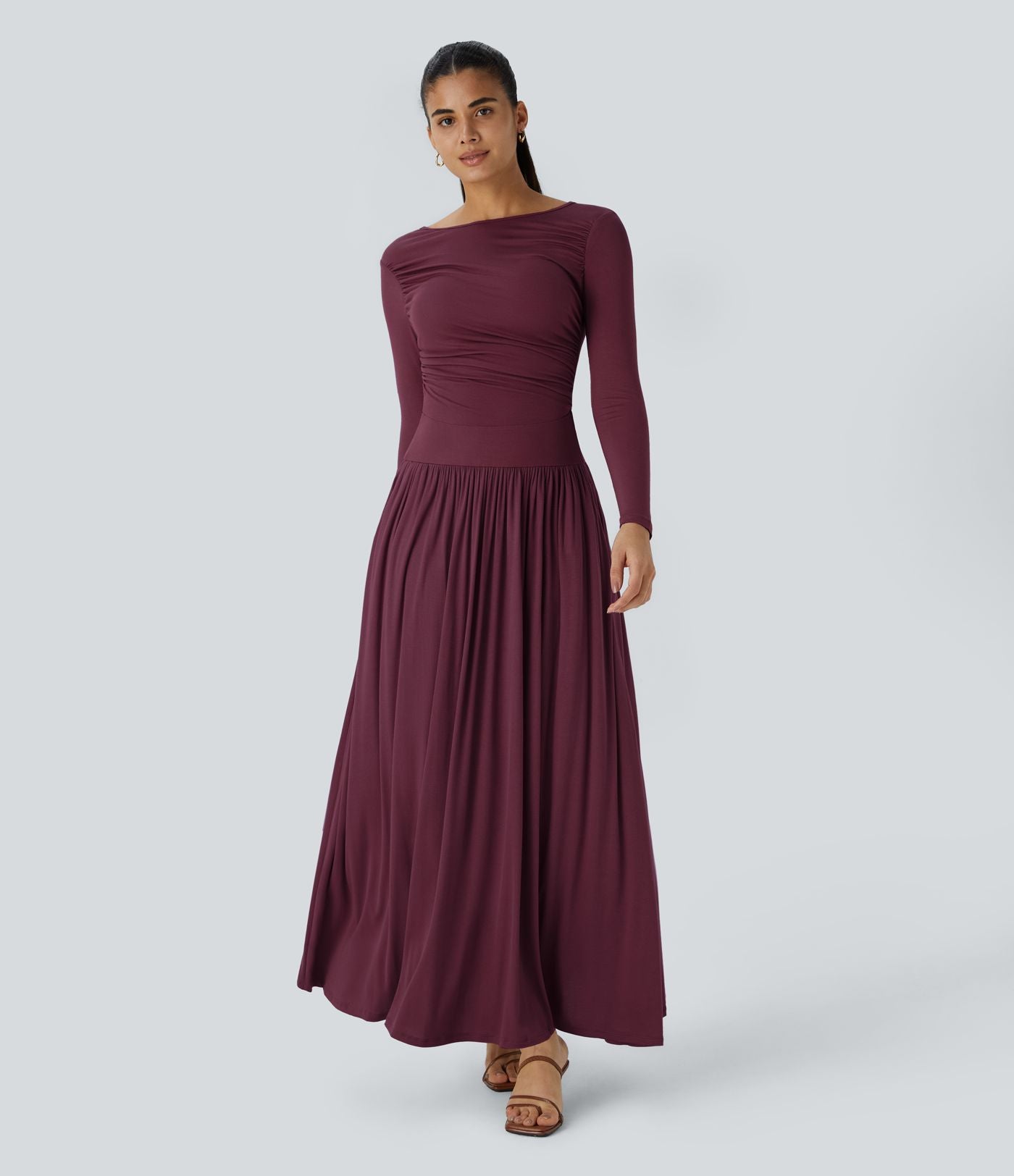 Robe Casual Maxi Fluide Encolure Bateau en Côtes avec Poches Latérales et Froncée