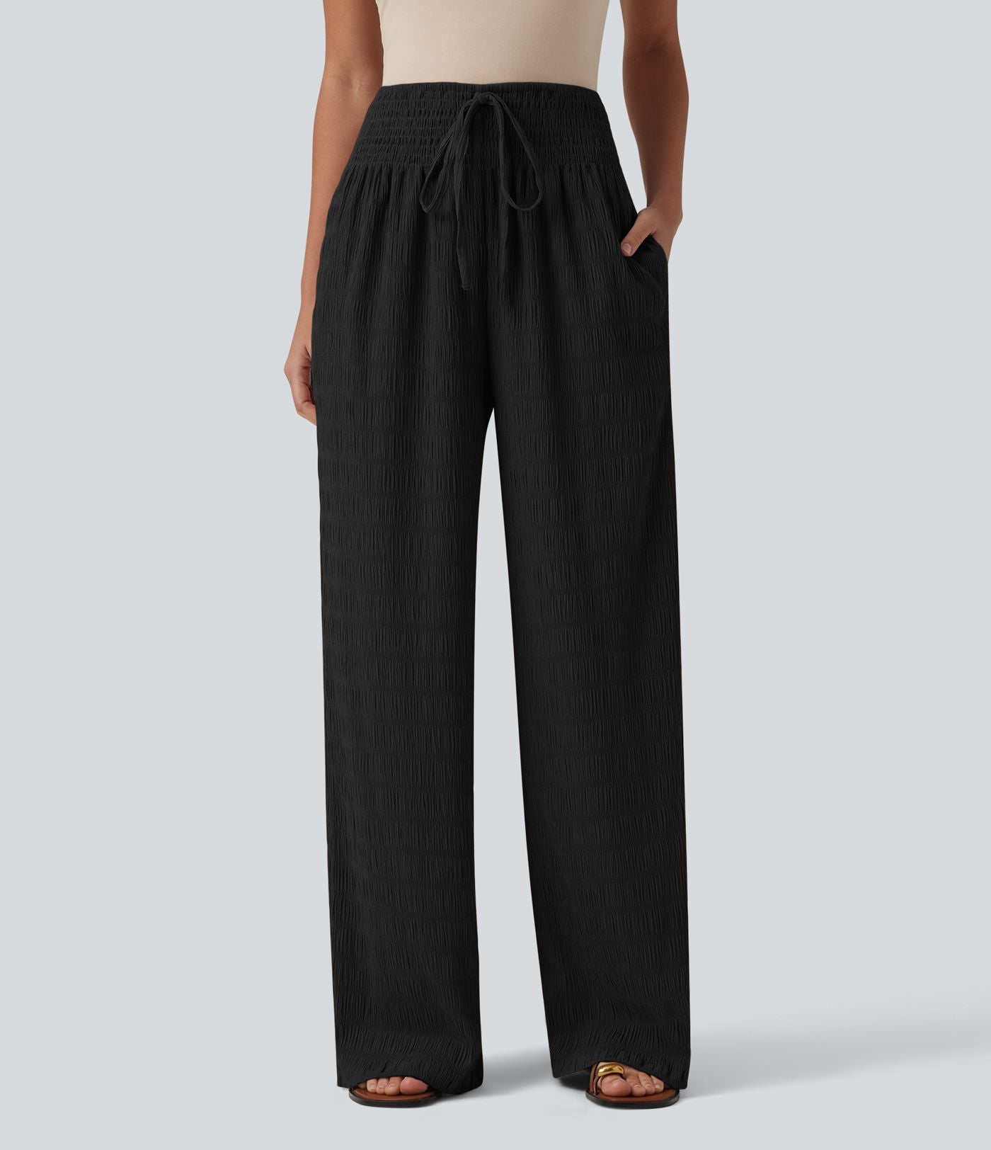 Pantalon large casual texturé taille mi-haute avec cordon de serrage et poches – Style resort