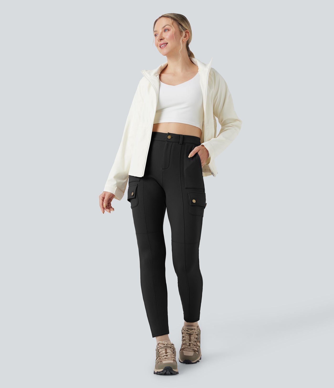 Pantalon cargo de randonnée ajusté polaire taille haute avec poches