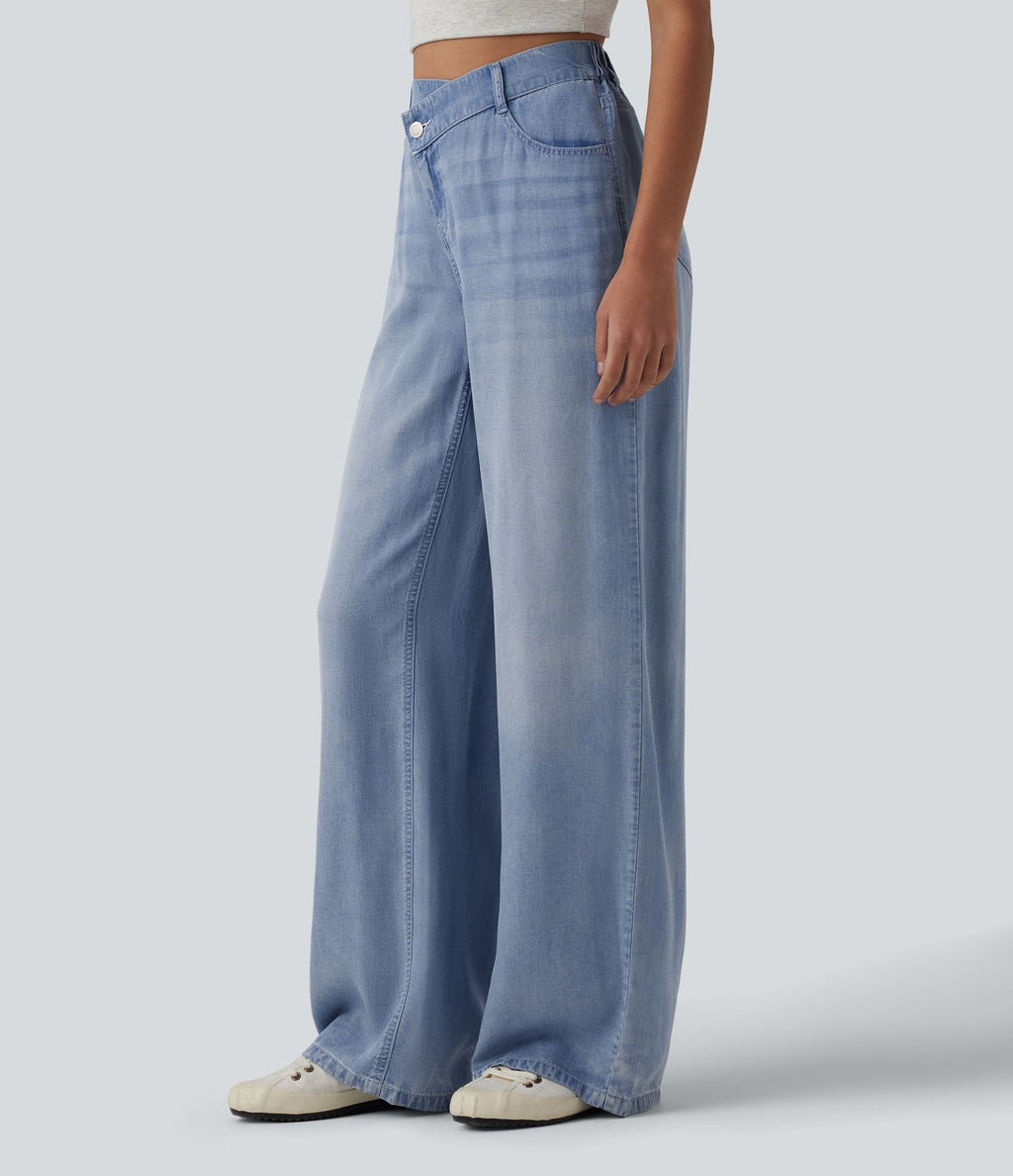 Jean large décontracté asymétrique en lyocell taille mi-haute drapé avec poches
