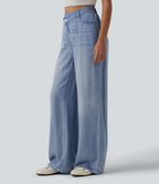 Jean large décontracté asymétrique en lyocell taille mi-haute drapé avec poches