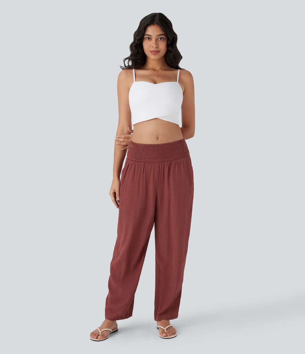 Pantalon de Vacances Taille Moyenne avec Fronces et Poches Latérales  et Aspect Lin