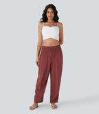 Pantalon de Vacances Taille Moyenne avec Fronces et Poches Latérales  et Aspect Lin