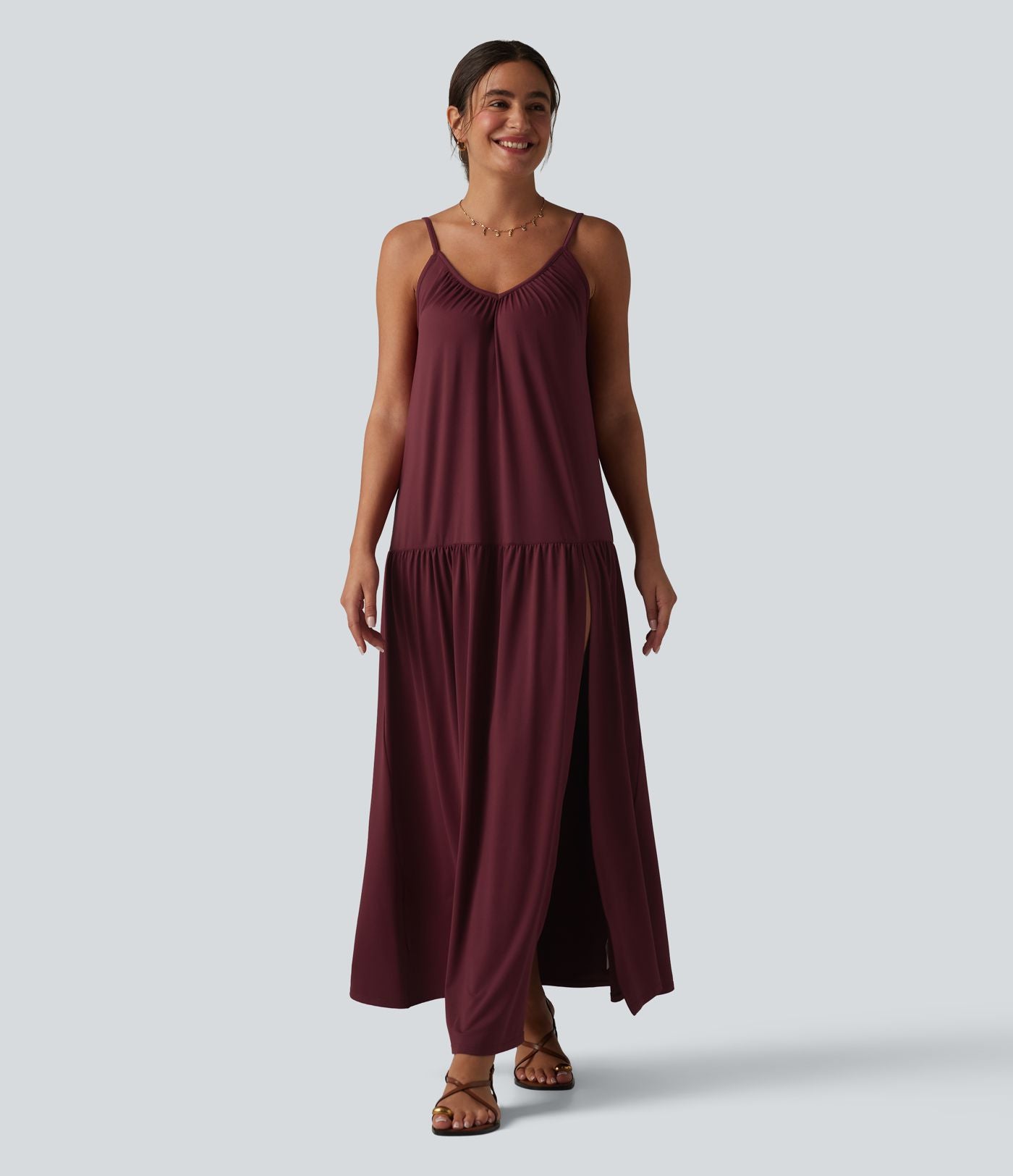 Robe nuisette maxi fluide col V ourlet fendu style vacances