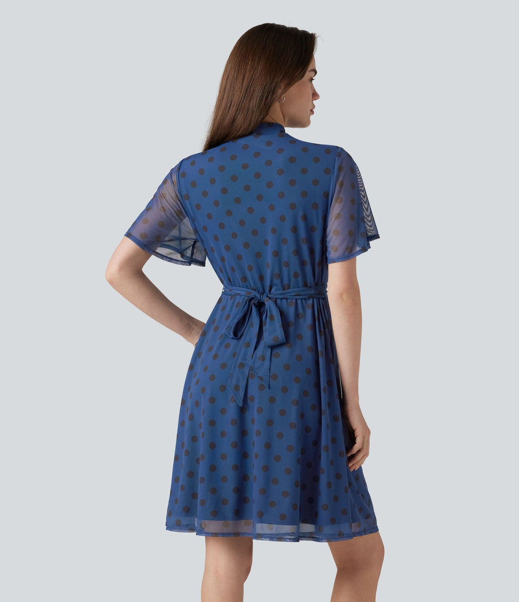 Robe décontractée col cheminée à pois en mesh avec manches à volants, ceinture et poches