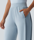 SpacerTek™ Pantalon large fluide décontracté taille haute avec cordon de serrage intérieur, côtes contrastées, fentes et poches