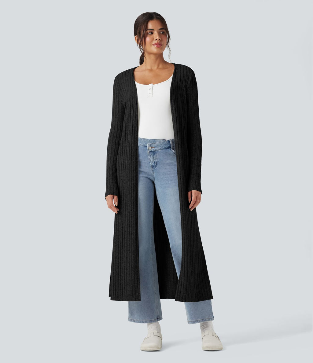 Manteau long décontracté maille côtelée manches longues avec fente