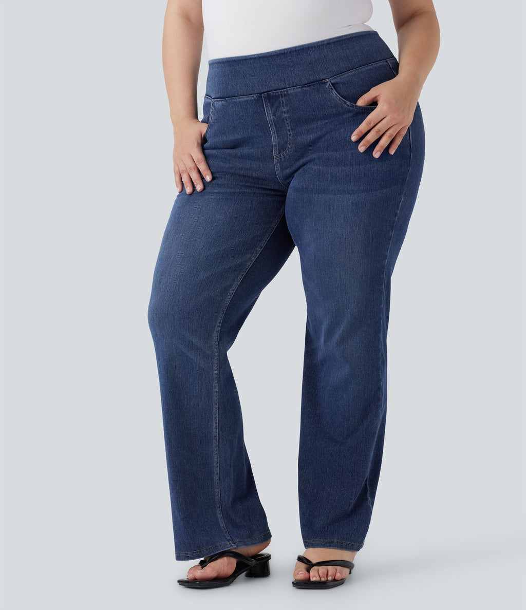 Jean décontracté Halara Flex™ grande taille bootcut taille haute en maille extensible délavée avec multiples poches