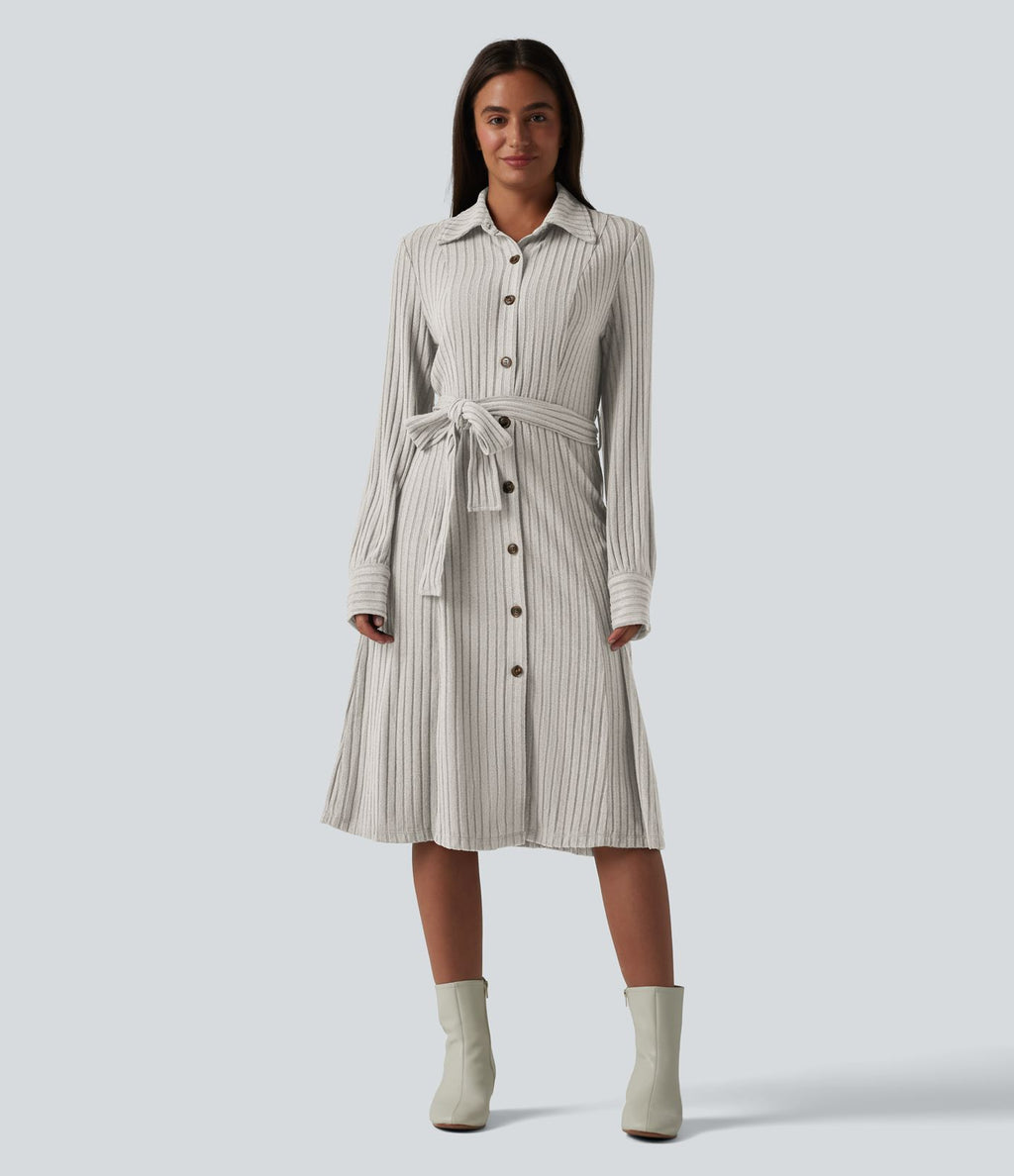 Robe de bureau mi-longue en maille côtelée à manches longues avec ceinture