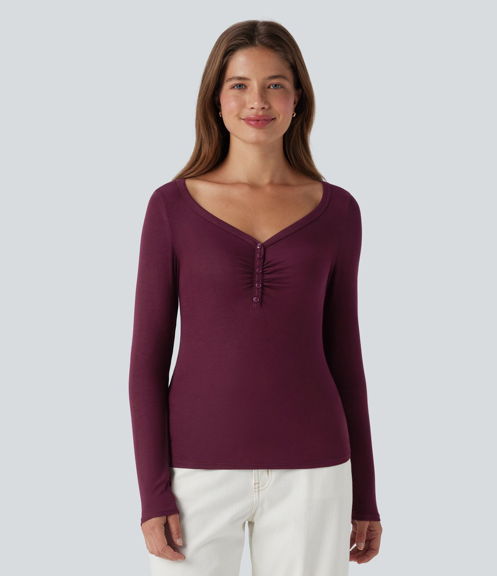 Haut casual côtelé col henley manches longues