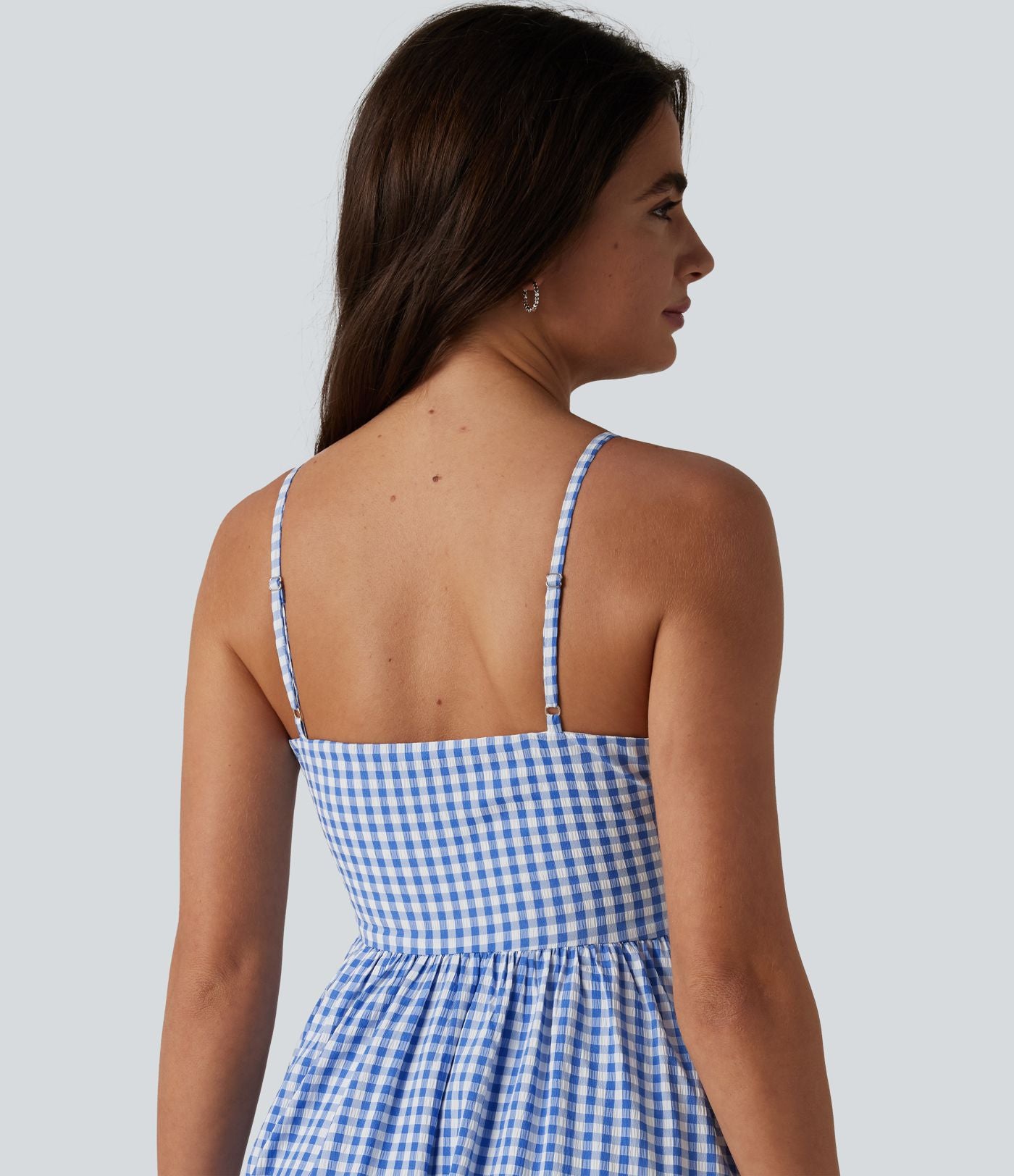 Robe longue fluide décontractée à bretelles motif vichy avec fermeture éclair invisible et poches