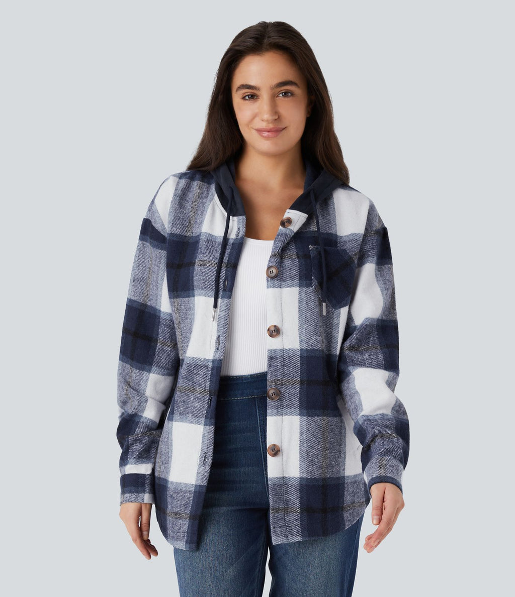 Veste de Casual à Carreaux en Polaire à Capuche avec Cordon de Serrage Boutons et Poches Latérales