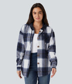 Veste de Casual à Carreaux en Polaire à Capuche avec Cordon de Serrage Boutons et Poches Latérales