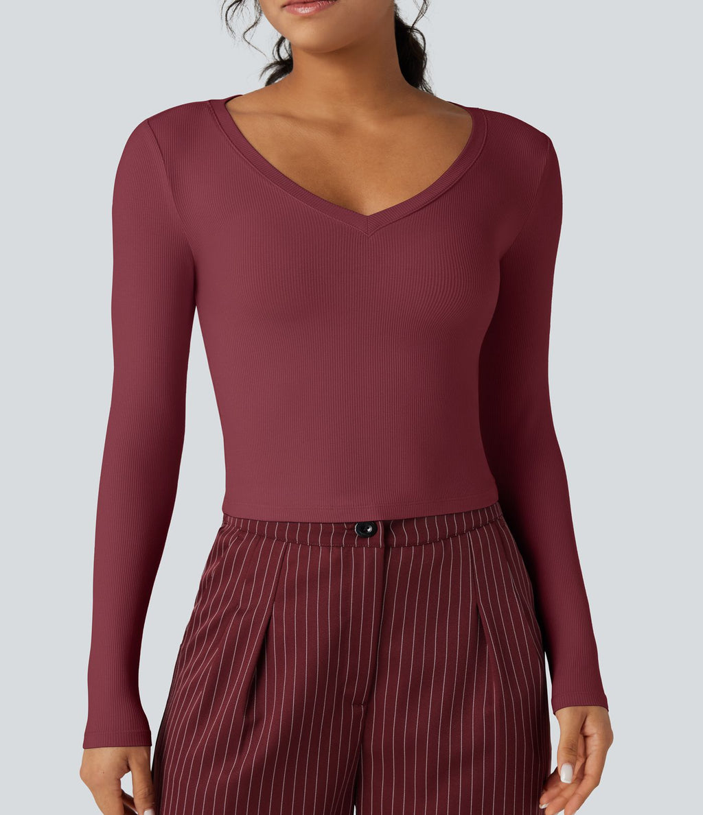 T-shirt tailleur côtelé court col V manches longues