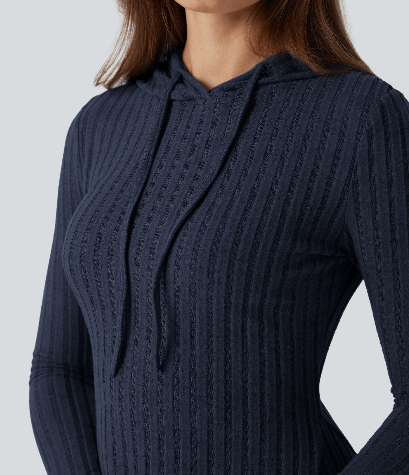 Robe décontractée mini à capuche maille côtelée manches longues avec cordon de serrage