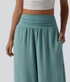 Pantalon ample taille haute ventre plat aspect lin avec fronces et poches