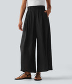 Pantalon fluide ample décontracté taille haute avec poches