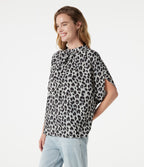 Blouse esprit bureau imprimé léopard à col montant, manches chauve-souris et lien au dos