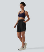 Short de yoga plissé taille haute avec ceinture élastique, cordon de serrage et poches 17,5 cm
