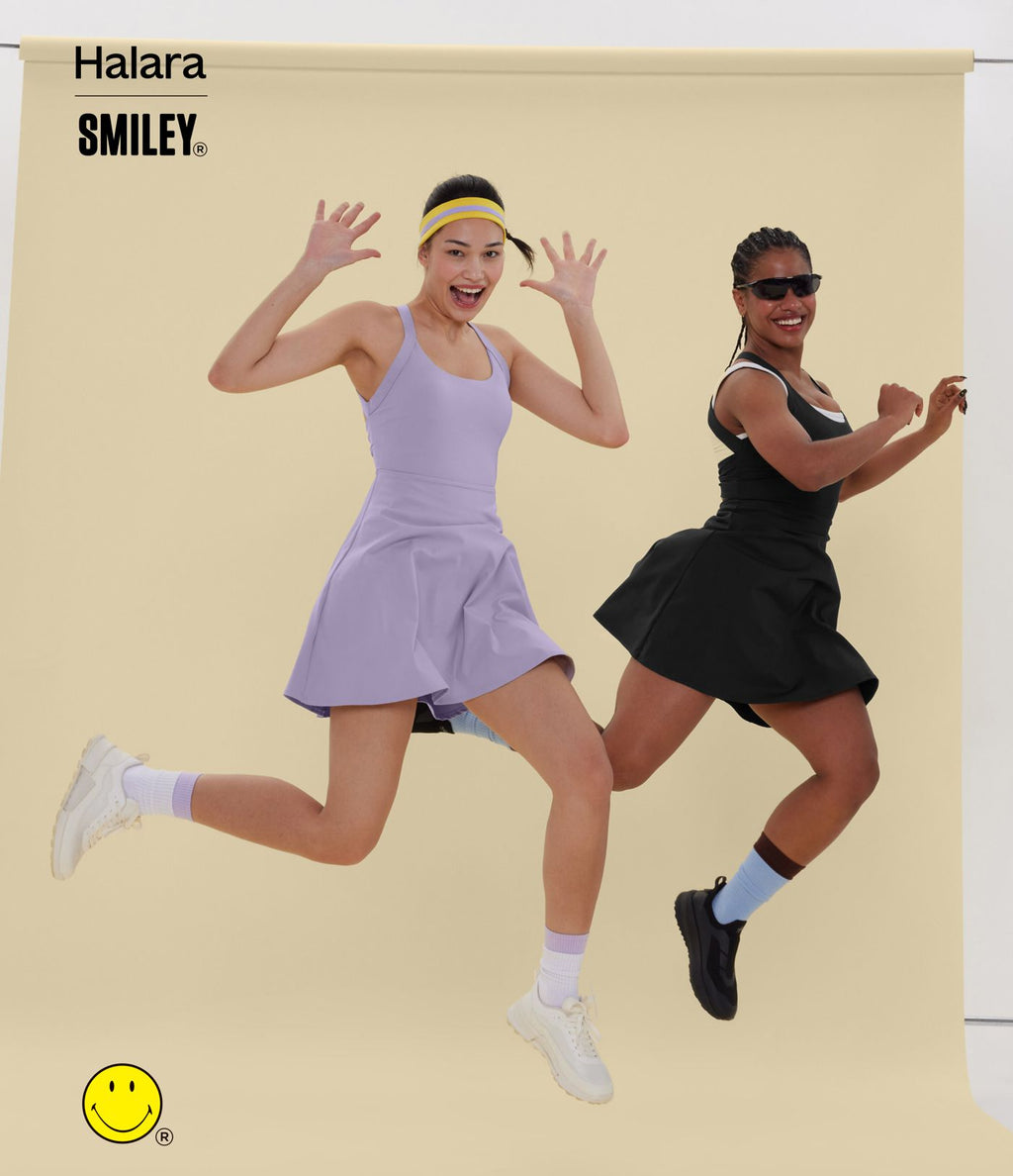 Robe sport évasée dos ouvert torsadé Halara X Smiley® SoftlyZero™ Airy avec poches – Longueur allongée – Édition Easy Peasy – Bonnets A à D