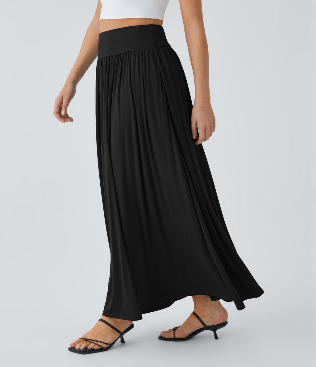 Jupe Maxi Casual Fluide à Taille Haute Côtelée avec Plis et Poches Latérales