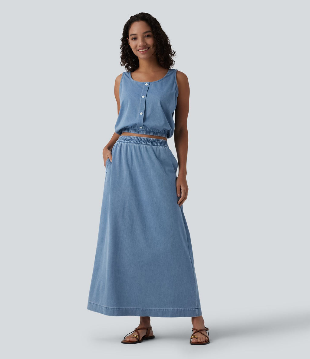 Jupe longue décontractée évasée Halara Flex™ en denim taille haute avec poches