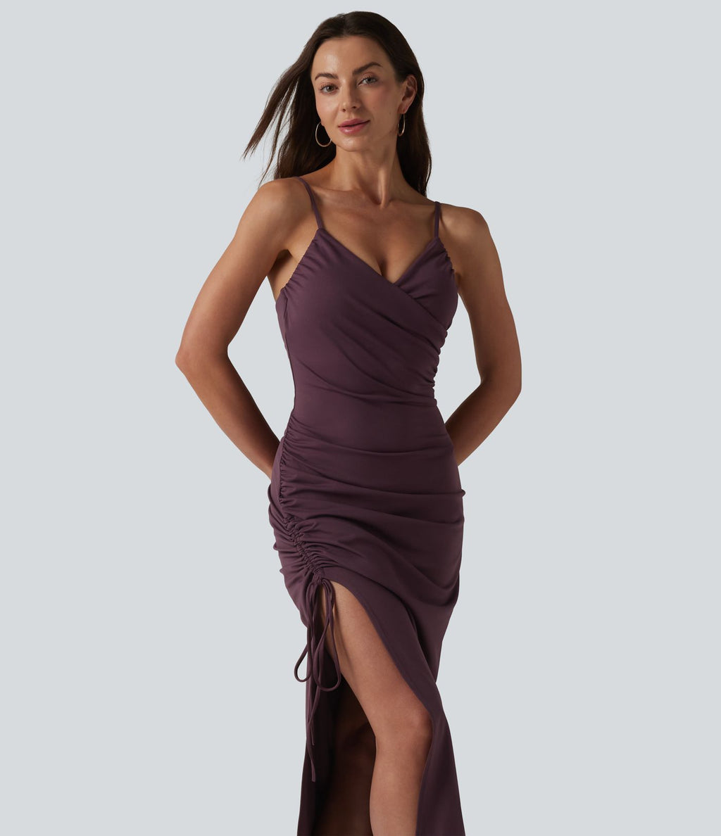 Robe midi moulante à col en V rembourrage non amovible et fronces à cordon