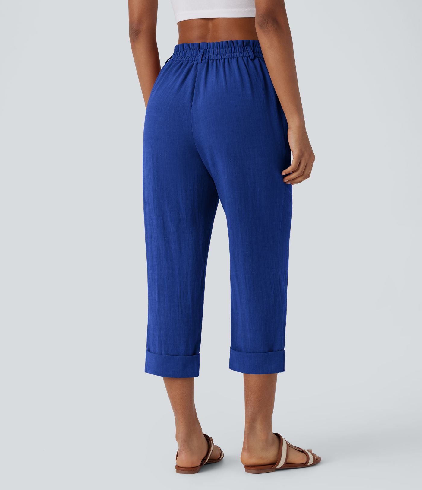 Pantalon capri effet lin taille haute avec poches zippées