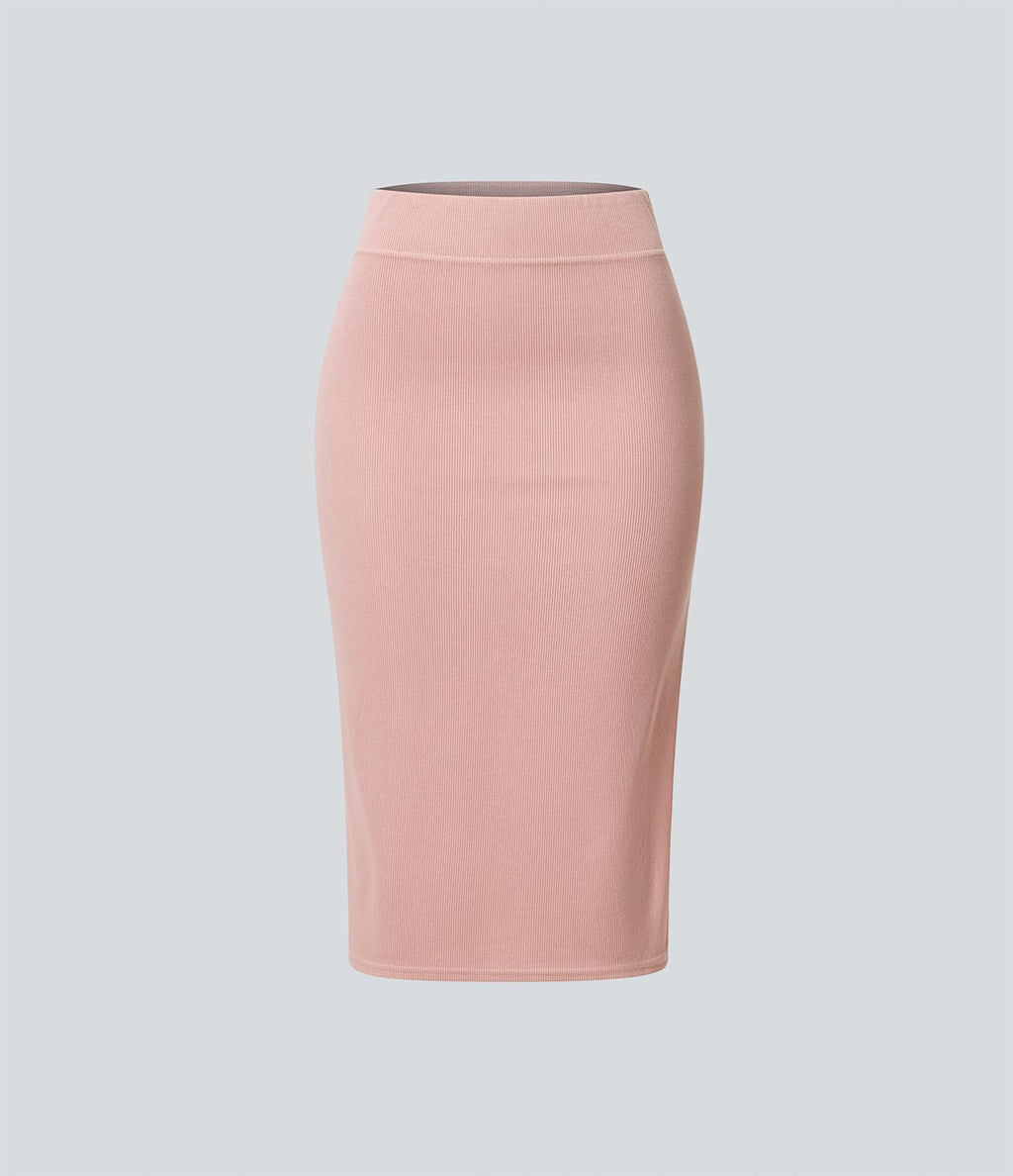 Jupe Midi Moulante Casual en Côtes Taille Haute Fendue