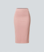 Jupe Midi Moulante Casual en Côtes Taille Haute Fendue