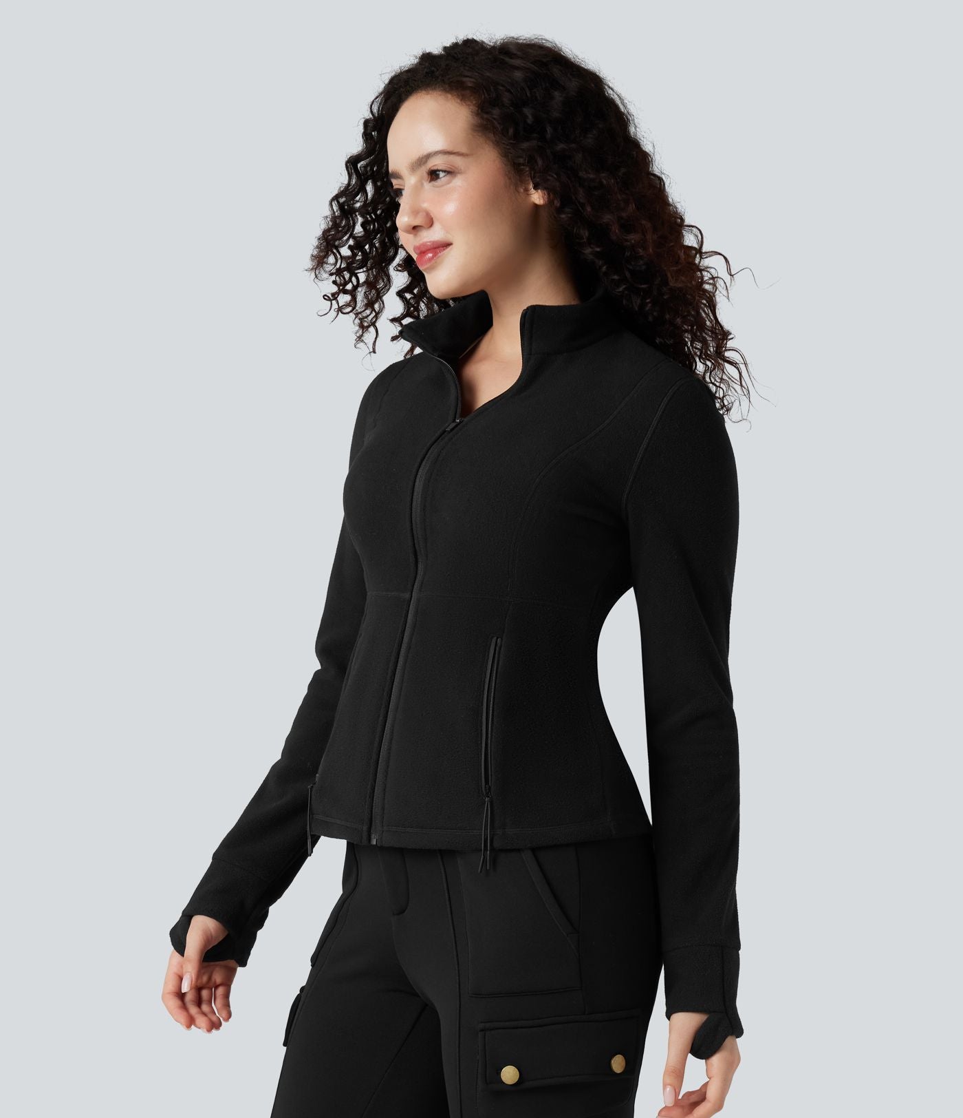 Veste randonnée col cheminée manches longues avec trous pour pouces et poches